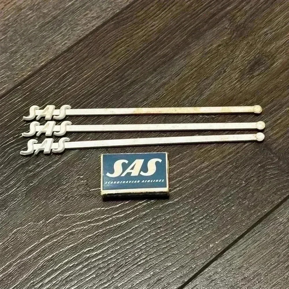 Vintage SAS Scandinavian Airlines Swizzle Sticks and Matchbox Set Sweden Travel